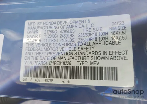 2023 Honda Cr-V Ex-L Awd z USA, uszkodzony, nr VIN 7FARS4H71PE018226